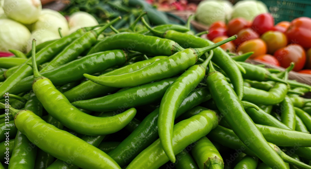 Fresh green chili peppers displayed at market stall Fresh green chili peppers displayed at market stall