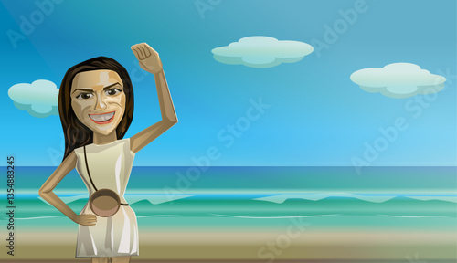 women raising hand for sun covering  during  summer vacation in the beach