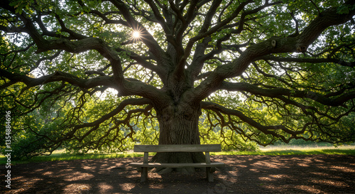 Majestic Old Tree with Bench Provides a Shady Rest Spot