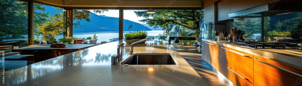 Fototapeta premium A Modern Kitchen With Open Views of Natural Landscape