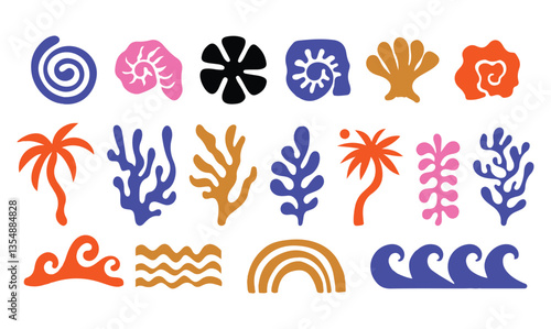 Vector modern art print elements in simple floral wavy and groovy naive style, ocean and vacation theme, flowers and plants, floral botanic hand drawn design templates, modern art prints. vector eps 