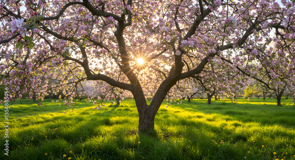 Fototapeta premium Blooming Tree with Pink Flowers and Sunlight Shining Through Branches