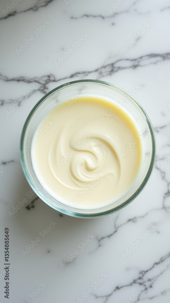 A small glass bowl filled with a creamy substance resting on a white marble surface. A small glass bowl filled with a creamy substance resting on a white marble surface.