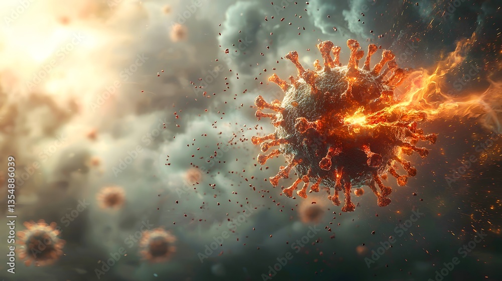 Virus particle shattering under antibody attack symbolizing medical breakthrough Virus particle shattering under antibody attack symbolizing medical breakthrough