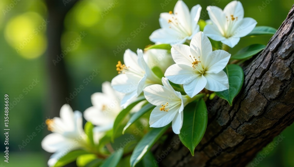 Fototapeta premium White azaleas cascading down a curved shrub trunk, tree, white azalea, nature