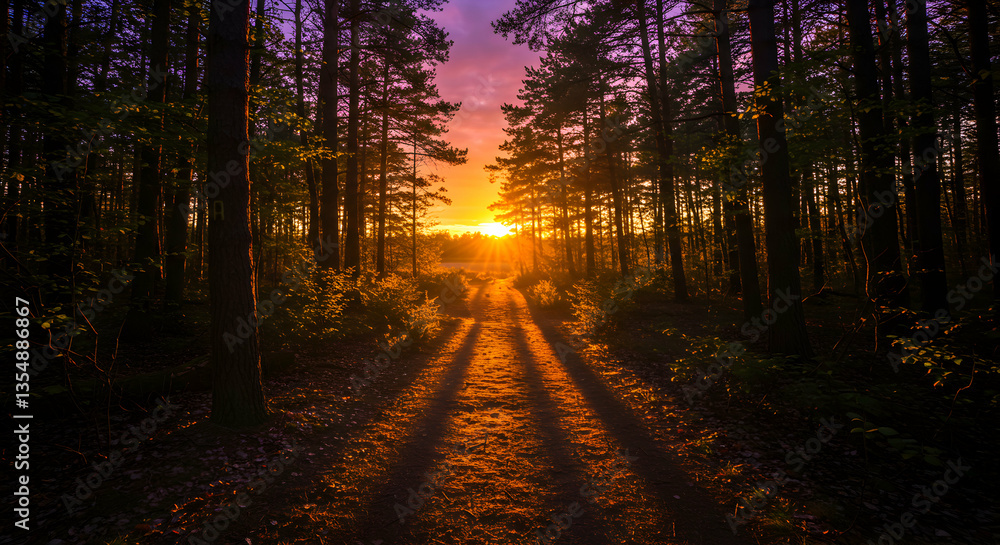Fototapeta premium Forest Path at Sunset with Vibrant Sky and Long Shadow