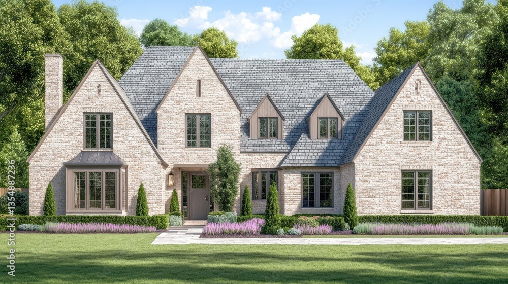Elegant two story residential home with beautiful landscaping outdoors Elegant two story residential home with beautiful landscaping outdoors
