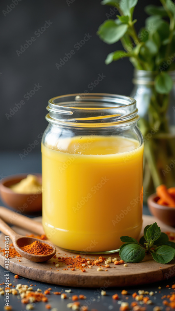 A jar of fresh orange juice with spices on a wooden tray. A jar of fresh orange juice with spices on a wooden tray.