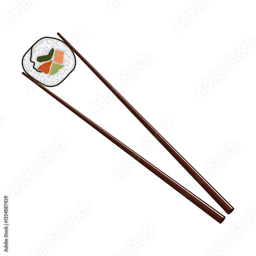 sushi in chopsticks, Fresh traditional japanese sushi between chopsticks.