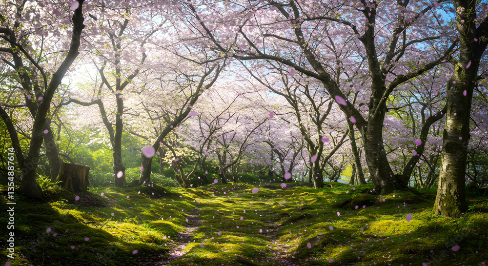 Blossom Petals Falling in Woodland Garden with Mossy Ground in Spring Blossom Petals Falling in Woodland Garden with Mossy Ground in Spring