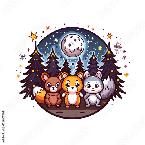 Create a charming cartoon illustration of adorable animals frolicking in a sun-drenched meadow, showcasing their playful interactions.