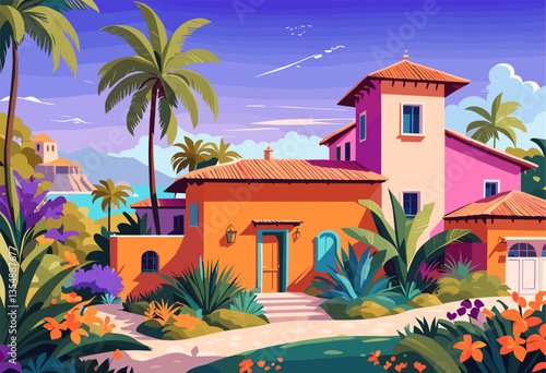 A colorful house with a pink roof and a blue door sits in front of a palm tree. The house is surrounded by a lush green garden with flowers and bushes. The scene is peaceful and inviting
