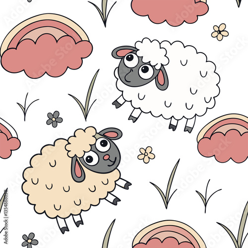 A charming seamless pattern featuring hand-drawn kawaii sheep in vibrant colors.
