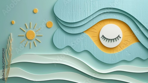 Peaceful eye, pastel waves, sun, and  nature scene