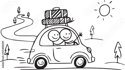 minimal doodle of a stickman couple on trip