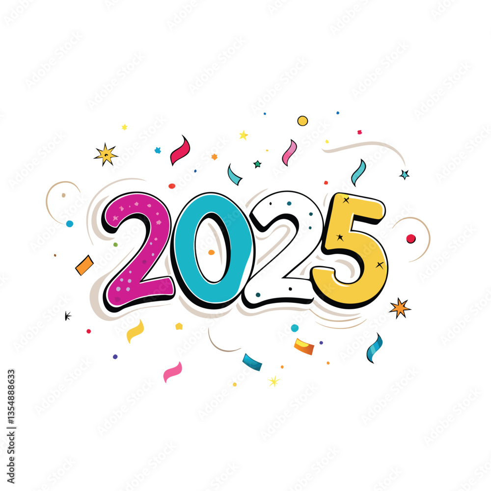 Design a celebratory 2025 text graphic, featuring vibrant confetti bursts and a sophisticated, decorative typeface. High-resolution, vector format preferred. Design a celebratory 2025 text graphic, featuring vibrant confetti bursts and a sophisticated, decorative typeface. High-resolution, vector format preferred.