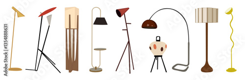 Mid Century Modern Floor lamps set. Different interior light decor standing. Flat vector illustrations, interior design elements isolated