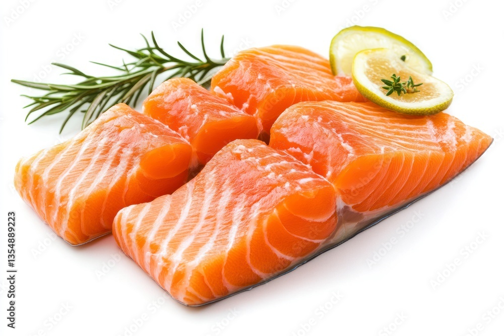 Fresh Raw Salmon Fillets with Lemon and Rosemary on White Background Fresh Raw Salmon Fillets with Lemon and Rosemary on White Background