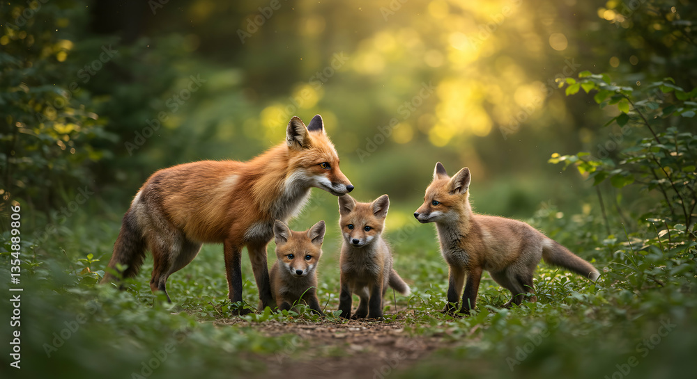 Fox Family Walking in Woods with Lush Greenery and Sunlight Fox Family Walking in Woods with Lush Greenery and Sunlight
