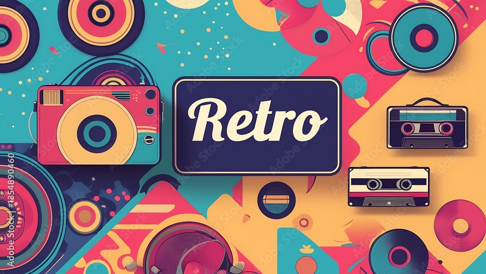 Obraz premium Nostalgic Echoes: Vintage devices and a stylized 'Retro' sign evoke a sense of nostalgia for simpler times, capturing the essence of retro design and cultural artifacts.
