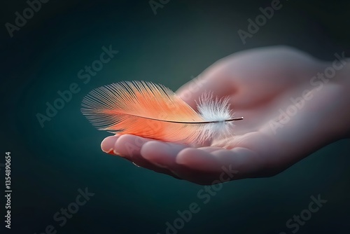 Orange feather in hand with nature.