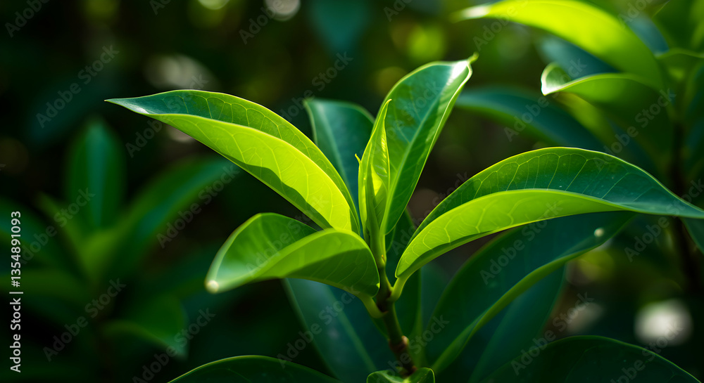 Obraz premium Bright Green Leaves on Plant Lit by Sunlight in Garden