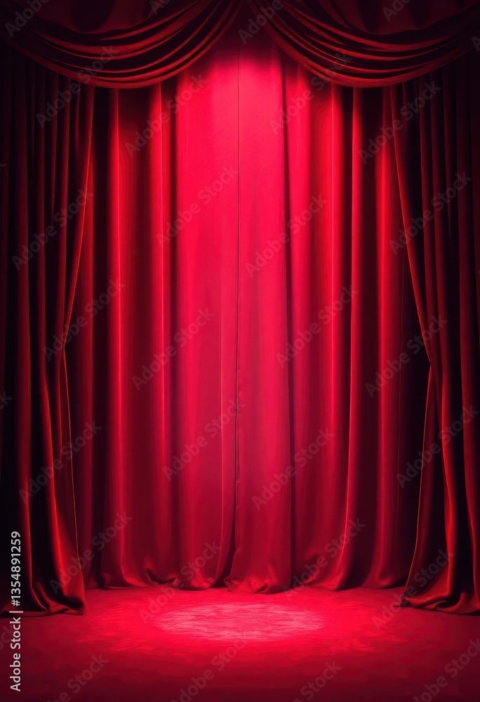 Fototapeta premium Crimson velvet curtain backdrop, single spotlight illuminating center stage, spotlight effect, red, photography