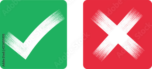 Green and red check box icon. white paint brush stroke button. Abstract hand-drawn NO and Yes button for checkbox voting. Isolated disagree checkbox symbols.