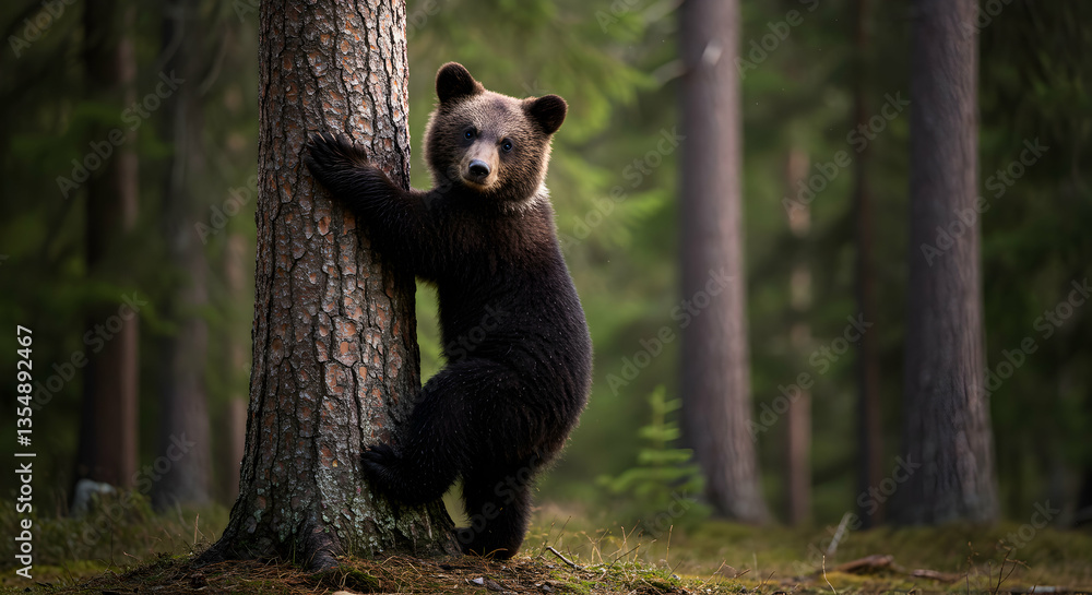 Fototapeta premium Young Bear Cub Climbing Tree in Lush Forest Seeking Adventure