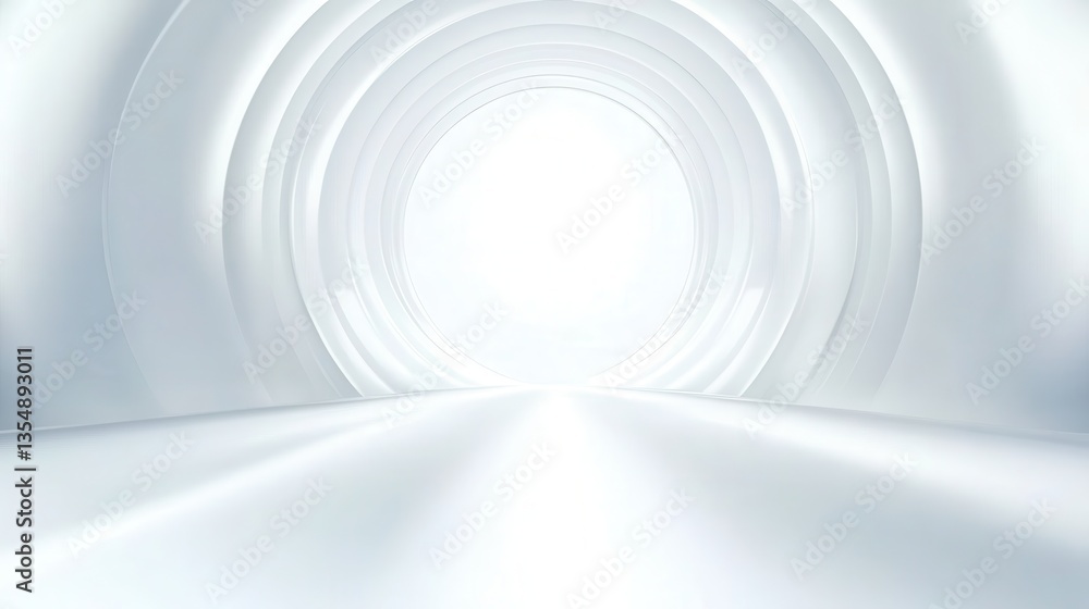 Obraz premium Futuristic white tunnel leading toward a radiant light, evoking a sense of hope and optimism. Clean, modern design creates an inviting atmosphere for a journey into the future