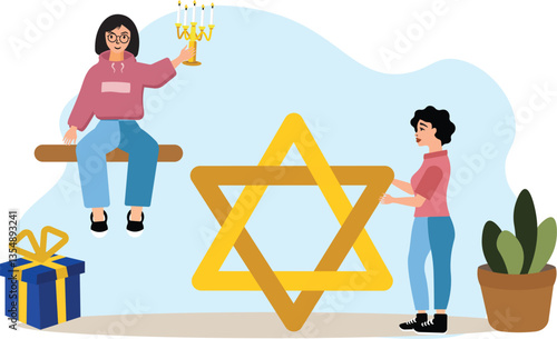 Hanukkah scene person with Menorah star and Gift potted plants illustration,Person holding Menorah, Gift exchange celebration, Jewish culture lighting, Hanukkah symbols and plants, Jewish tradition 