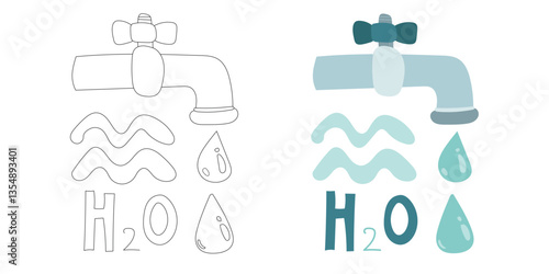 Minimal illustration of a blue water tap with droplets and H2O lettering, promoting water conservation, clean resources, and sustainable lifestyle choices.