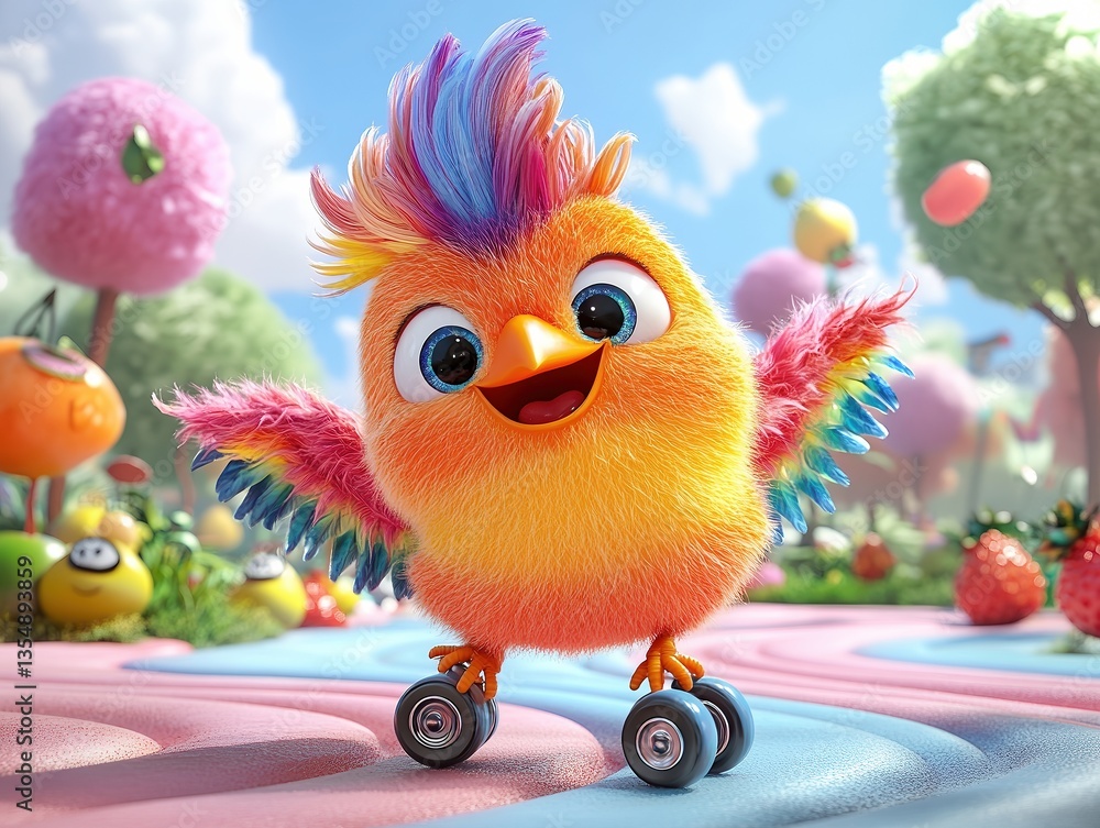 Naklejka premium Wacky bird with rainbow mohawk, mismatched wings, roller skates zips through candy jungle, swirly trees and fruit talk, wild colors and chaos delight.