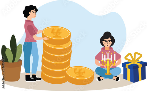 Hanukkah celebration scene preson place Hanukkah Gelt on stack of golden gelt coins and another person holding Menorah and having near gift, Gelt coins stack,Family gathering,Candle lighting,Winter fe