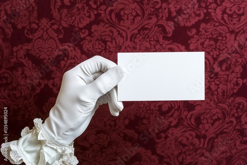 A gloved hand elegantly holding a blank white card against a luxurious red patterned background. Ideal for branding, invitations, business, or vintage themes