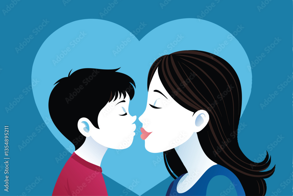 A tender moment a young child gently kissing their mother's cheek; a small red heart floats nearby, symbolizing love. A tender moment a young child gently kissing their mother's cheek; a small red heart floats nearby, symbolizing love.