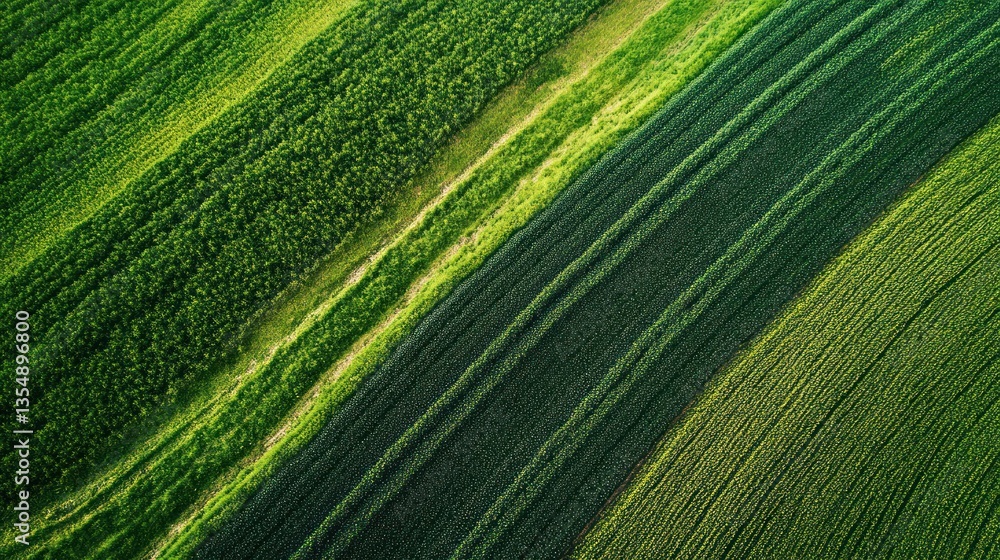 Naklejka premium Aerial view showing agricultural fields with varied green crops
