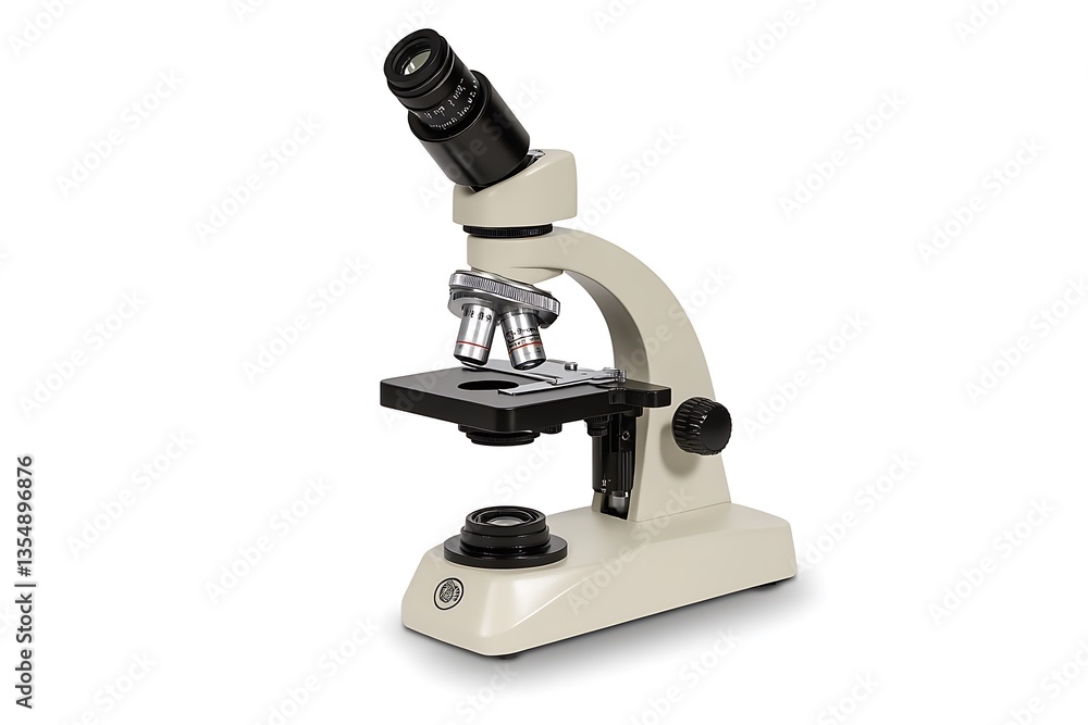 A beige and black microscope sits on a white surface A beige and black microscope sits on a white surface