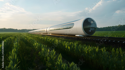 A high-speed electric train traveling through an untouched natural landscape,
 ecology, technologies of the future