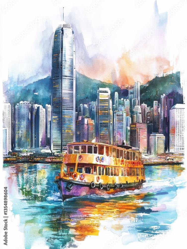 Fototapeta premium Colorful Watercolor Illustration of Hong Kong Cityscape with Boat