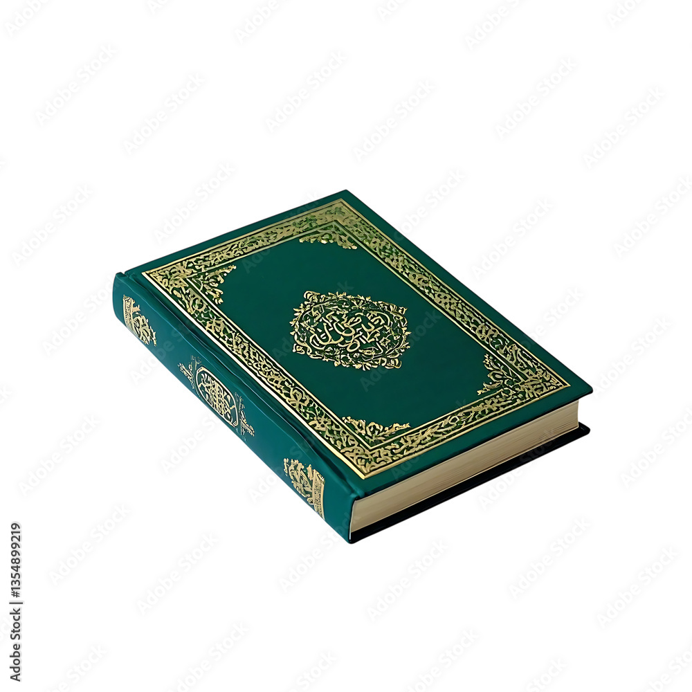 A green and gold holy book with arabic script and ornate border on a black background in soft lighting A green and gold holy book with arabic script and ornate border on a black background in soft lighting