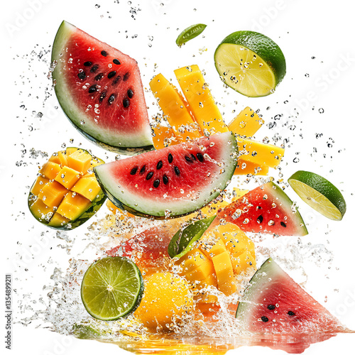 Watermelon Mango and Lime Slices Flying in Refreshing Isolated on Transparent Background