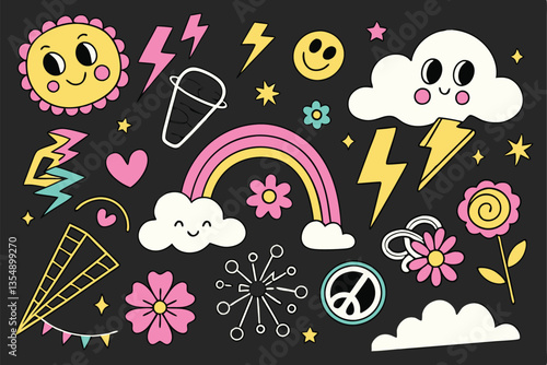 24 Colorful abstract shapes, Vibrant doodles, Neon icons, Black background, Cartoon symbols, Graffiti-style elements, Retro pop art, Geometric patterns, Hand-drawn illustrations, Psychedelic design, E