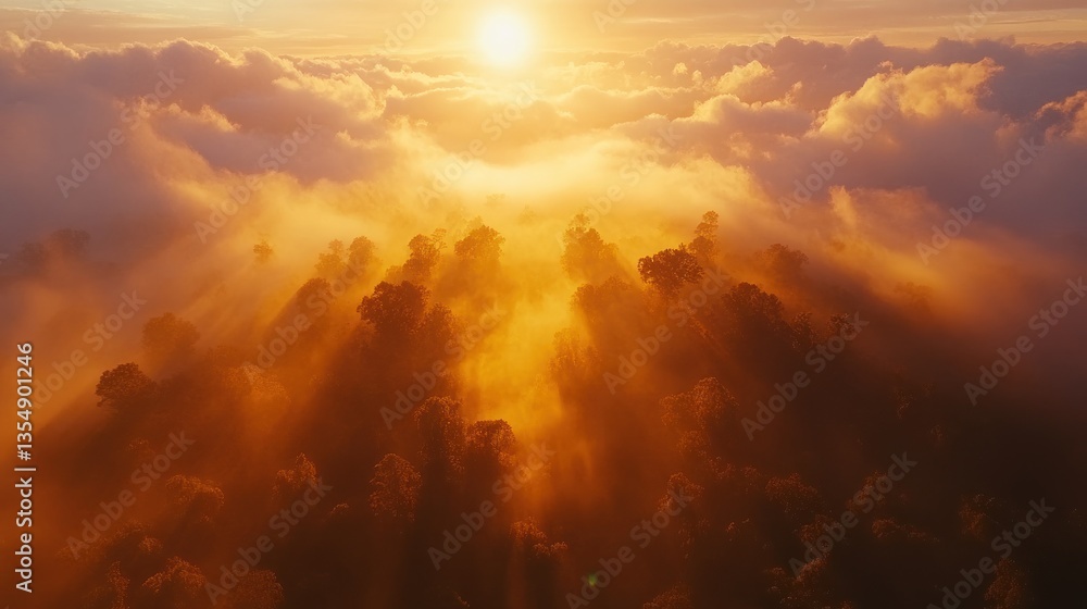 Naklejka premium A golden sunrise illuminates a forest partially obscured by clouds