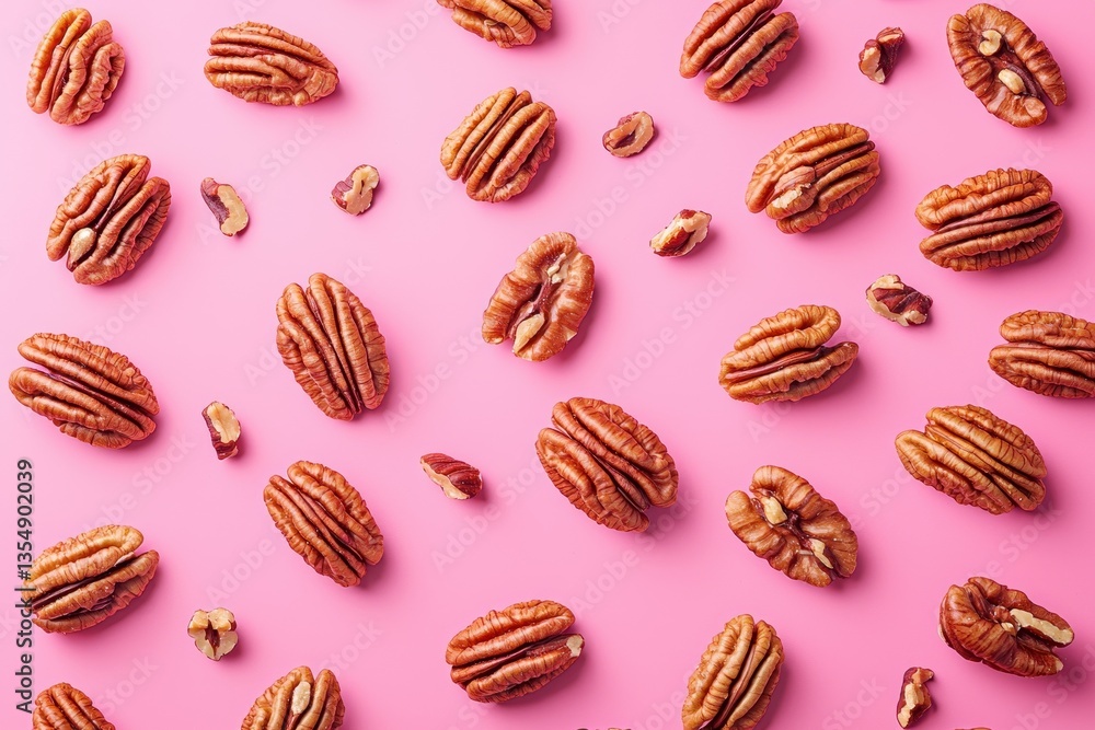 A vibrant arrangement of pecan nuts scattered on a pink background, showcasing their rich texture and color. A vibrant arrangement of pecan nuts scattered on a pink background, showcasing their rich texture and color.