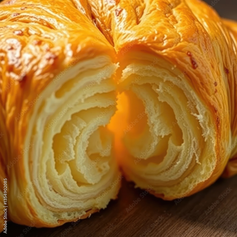 Fototapeta premium Croissant layers separating from each other as the light shines through the crack in this baked pastry, fresh, flaky, baking