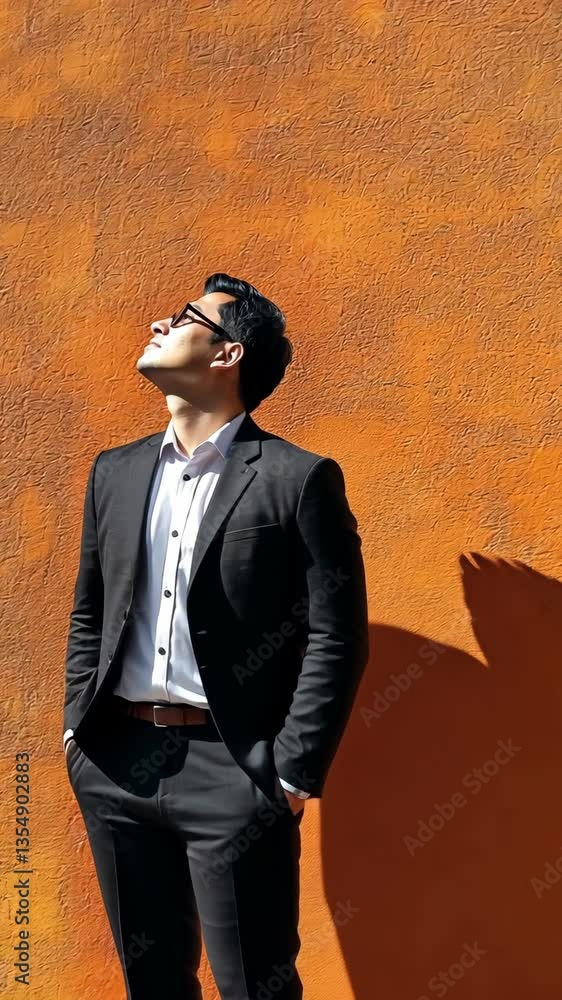 Man in suit gazes upwards against vibrant orange wall, showcasing confidence and style in modern urban setting Man in suit gazes upwards against vibrant orange wall, showcasing confidence and style in modern urban setting