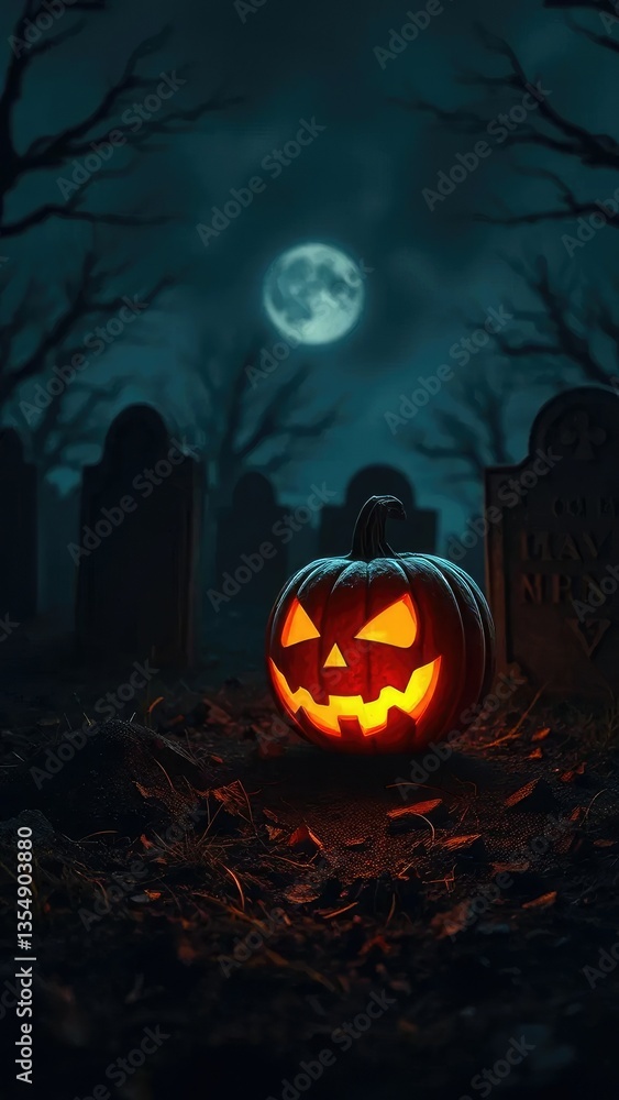 Fototapeta premium A lone jack-o-lantern casts an ethereal glow on crumbling headstones in the dead of night, creepy, gothic