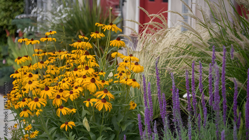 Beautiful summer Herbaceous border with Rudbeckia yellow flowers also known as Coneflower or Black-eyed Susan with Verbena bonariensis - Purpletop Vervain flowers and ornamental grasses,.