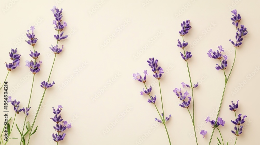 Naklejka premium Lavender Serenity: Delicate sprigs of lavender, with their captivating purple blooms, elegantly adorn a muted backdrop, creating a sense of peace and beauty.